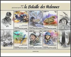 Mini Sheet, 80th Anniversary of the Battle of the Bulge, Central African Republic,  , Aircraft, Anniversaries and Jubilees, Aviation, Second World War, Tanks