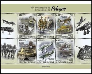 Mini Sheet, 85th Anniversary of the Invasion of Poland, Central African Republic,  , Aircraft, Anniversaries and Jubilees, Aviation, Horses, Second World War, Tanks