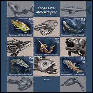 Mini Sheet, Prehistoric Fishes, Central African Republic,  , Animals (Fauna), Fishes, Prehistoric Animals, Prehistory