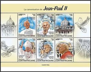 Mini Sheet, The Canonization of John Paul II, Central African Republic,  , Clergy, Famous People, Popes, Religion