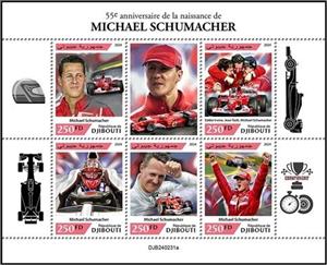 Mini Sheet, 55th Anniversary of the Birth of Michael Schumacher, Djibouti,  , Anniversaries and Jubilees, Famous People, Formula One, Motor Racing, Racing Cars, Racing Drivers