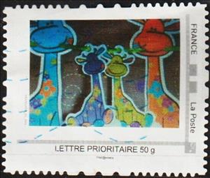 Stamp, 4 Colourful Giraffes, France,  , Art, Paintings, Stylized Animals