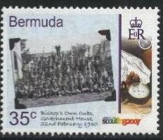 Stamp, 1930 photograph of Bishop's Own Cubs, hand with compass, Bermuda,  , Scouting