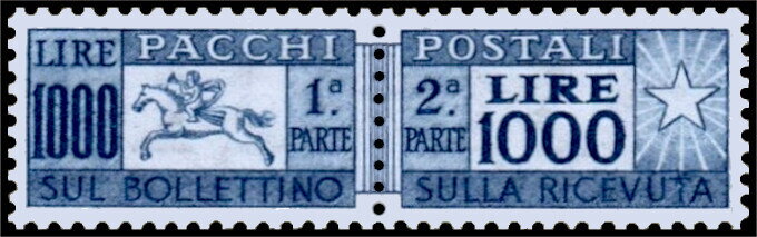 Se-tenant, Post Rider - Wmk. stars II 65° - Vinyl Gum, Italy,  , Animals (Fauna), Horses, Mammals, Postal Services, Stars