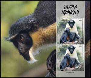 Souvenir Sheet, Diana Monkey (Cercopithecus diana), Liberia,  , Animals (Fauna), Monkeys