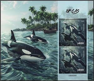 Souvenir Sheet, Orcas (Orcinus orca), Liberia,  , Dolphins, Sea Life