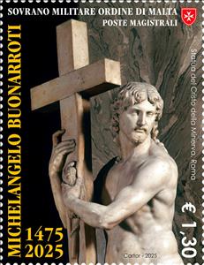 Stamp with Attached Label, Christ the Redeemer by Michelangleo Buonarotti, Malta, Sovereign Military Order of,  , Artists, Christian, Crosses, Sculptures