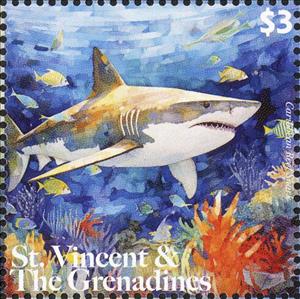 Stamp, Caribbean Reef Shark, Saint Vincent and The Grenadines,  , Animals (Fauna), Fishes, Sea Life