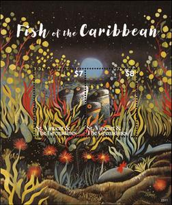 Souvenir Sheet, Fish of the Caribbean, Saint Vincent and The Grenadines,  , Animals (Fauna), Fishes, Sea Life