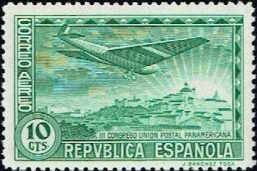 Stamp, Panamerican Postal Union Congress, Spain,  , Aircraft, Aviation, Landscapes, Postal Unions, Sun, Townscapes / City Views