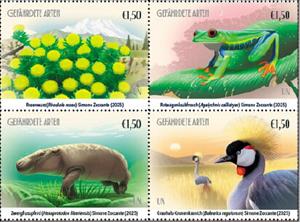 Se-tenant, Endangered Species, UNO Vienna,  , Amphibians, Animals (Fauna), Birds, Cranes (Birds), Frogs, Hippopotamuses, Mammals, Plants (Flora)