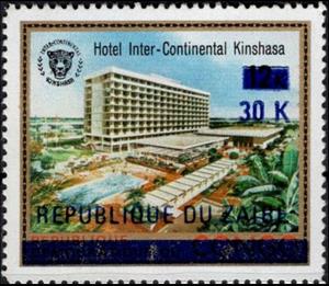 Stamp, Hotel Inter-Continental in Kinshasa - Surcharged in Blue, Zaire,  , Buildings, Hotels