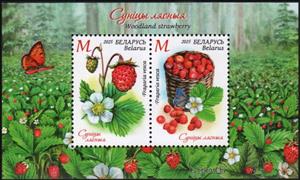 Souvenir Sheet, Woodland Strawberry (Fragaria vesca), Belarus,  , Butterflies and Moths, Flowers, Fruits and Berries, Plants (Flora)