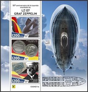 Mini Sheet, 95th Anniversary of Graf Zeppelin's Round the World Flight, Central African Republic,  , Anniversaries and Jubilees, Zeppelins