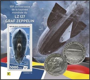 Souvenir Sheet, Ferdinand von Zeppelin (1838-1917), Central African Republic,  , Anniversaries and Jubilees, Zeppelins