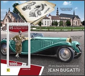 Souvenir Sheet, Jean Bugatti (1909-1939), Central African Republic,  , Anniversaries and Jubilees, Automobile Industry