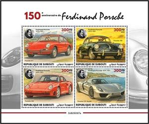 Mini Sheet, 150th Anniversary of the Birth of Ferdinand Porsche, Djibouti,  , Anniversaries and Jubilees, Automobile Industry