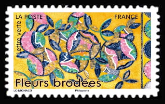 Stamp, Floral Embroidery, France,  , Flowers, Textile