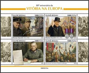 Mini Sheet, 80th Anniversary of Victory in Europe, Guinea-Bissau,  , Anniversaries and Jubilees, Authors, Famous People, Heads of State, Literary People (Poets and Writers), Nobel Laureates, Politicians, Second World War