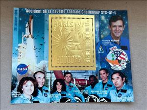 Souvenir Sheet, Olympic Games in Paris - Challenger Space Shuttle Crew, Guinea,  , Astronauts, Disasters, Olympic Games, Outer Space, Space Traveling, Космический корабли, Sports