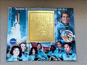 Souvenir Sheet, Olympic Games in Paris - Challenger Space Shuttle Crew, Guinea,  , Astronauts, Disasters, Olympic Games, Outer Space, Space Traveling, Космический корабли, Sports