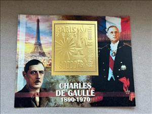 Souvenir Sheet, Olympic Games in Paris - Charles de Gaulle, Guinea,  , Famous People, Heads of State, Heads of State (Military), Olympic Games, Sports