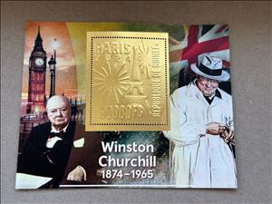 Souvenir Sheet, Olympic Games in Paris - Winston Churchill, Guinea,  , Authors, Famous People, Literary People (Poets and Writers), Olympic Games, Painters, Politicians, Prime Ministers, Sports