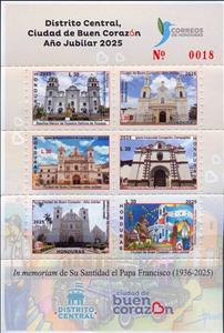 Mini Sheet, Holy Year : Churches of Tegucigalpa, Honduras,  , Art, Churches - Cathedrals - Basilicas - Chapels, Flags, Popes, Townscapes / City Views