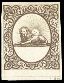 Lion and raising sun inside an oval with ornamental frame