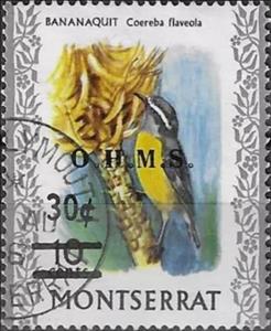 Stamp, Bananaquit (Coereba flaveola) - Surcharged and Overprinted, Montserrat,  , Animals (Fauna), Birds