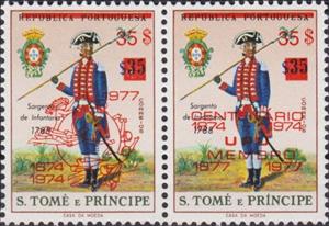 Se-tenant, Infantry Sergeant, 1788, São Tomé and Príncipe,  , Headgear, Military Forces, Seals (Emblems), U.P.U., Uniforms, Weapons
