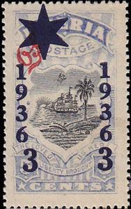 Stamp, Overprint 3 on 5 with star, Liberia,  