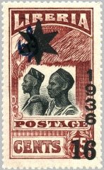Stamp, Overprint 16 on 75 with star, Liberia,  