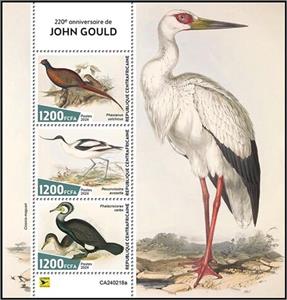 Mini Sheet, 220th Anniversary of the Birth of John Gould, Central African Republic,  , Anniversaries and Jubilees, Explorers