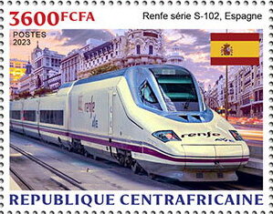 Stamp, Renfe Class 102 - Spain, Central African Republic,  , Locomotives, Railways