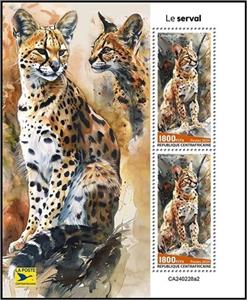 Souvenir Sheet, Serval (Leptailurus serval), Central African Republic,  , Animals (Fauna), Wild Cats
