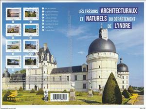 Souvenir Sheet, Architectural and Natural Treasures of Indre, France,  , Architecture, Castles, Churches - Cathedrals - Basilicas - Chapels, Lakes, National Parks