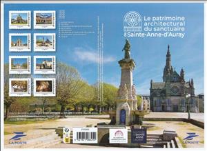Souvenir Sheet, Architectural Heritage of Saint-Anne-d'Auray, France,  , Architecture, Churches - Cathedrals - Basilicas - Chapels, Fountains, Monuments, Musical Instruments, Universities