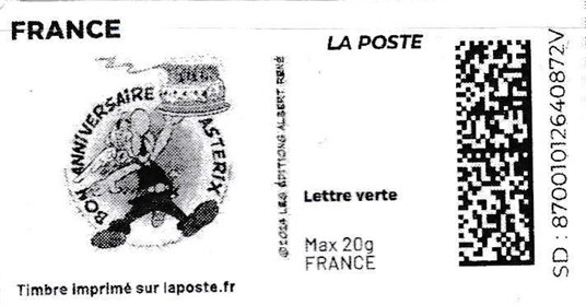 Stamp, Asterix with cake Bon Anniversaire in black, France,  , Anniversaries and Jubilees, Cartoons, Comics