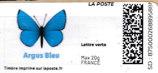 Stamp, Blue Butterfly. Argus Bleu. Redesign without laposte logo, France,  , Animals (Fauna), Butterflies and Moths, Insects
