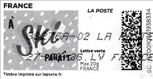 Stamp, On Skis / A Ski Parait. Grey background, France,  , Christmas, Greetings, Skiing