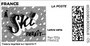 Stamp, On Skis / A Ski Parait. Grey background, France,  , Christmas, Greetings, Skiing
