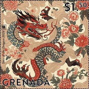 Stamp, Year of the Dragon, Grenada,  , Animals (Fauna), Chinese New Year, Chinese Zodiac, Dragons, Reptiles, Stylized Animals, Zodiac