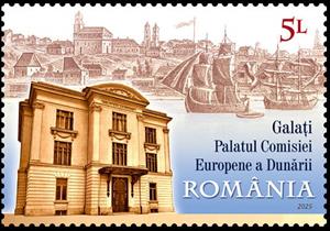 Stamp, European Danube Commission, Galați, Romania,  , Architecture, Buildings, Sailing Ships, Ships