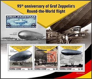 Mini Sheet, 95th Anniversary of Graf Zeppelin's Round the World Flight, Sierra Leone,  , Anniversaries and Jubilees, Zeppelins