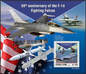 Souvenir Sheet, F-16 Fighting Falcon, Sierra Leone,  , Aircraft, Anniversaries and Jubilees