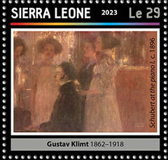 Stamp, Gustav Klimt (1862–1918); "Schubert at the piano I", c. 189, Sierra Leone,  , Anniversaries and Jubilees, Famous People, Painters, Paintings