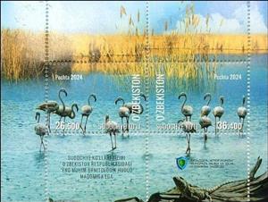 Souvenir Sheet, Sudochye Lake, Uzbekistan,  , Animals (Fauna), Birds, Flamingos, Lakes