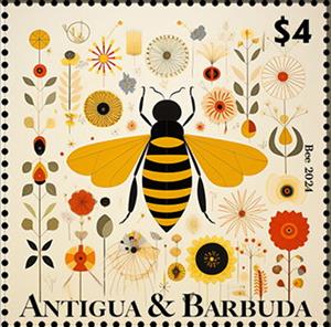 Stamp, Bee, Antigua and Barbuda,  , Animals (Fauna), Insects, Stylized Animals