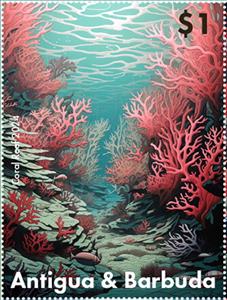 Stamp, Coral Reef, Antigua and Barbuda,  , Animals (Fauna), Corals and Sponges, Sea Life